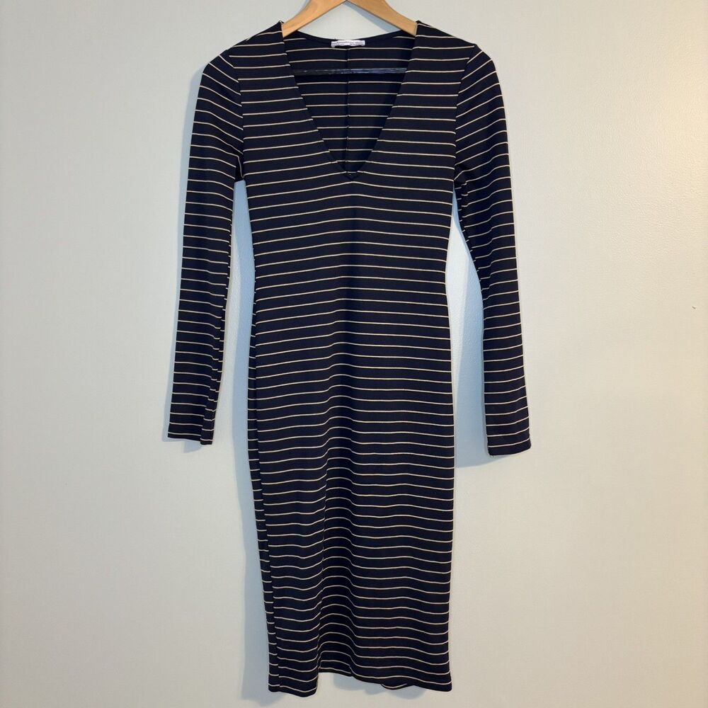 Zara Trafaluc Navy Striped Midi Bodycon Dress V-Neck Dark Academia Prep M